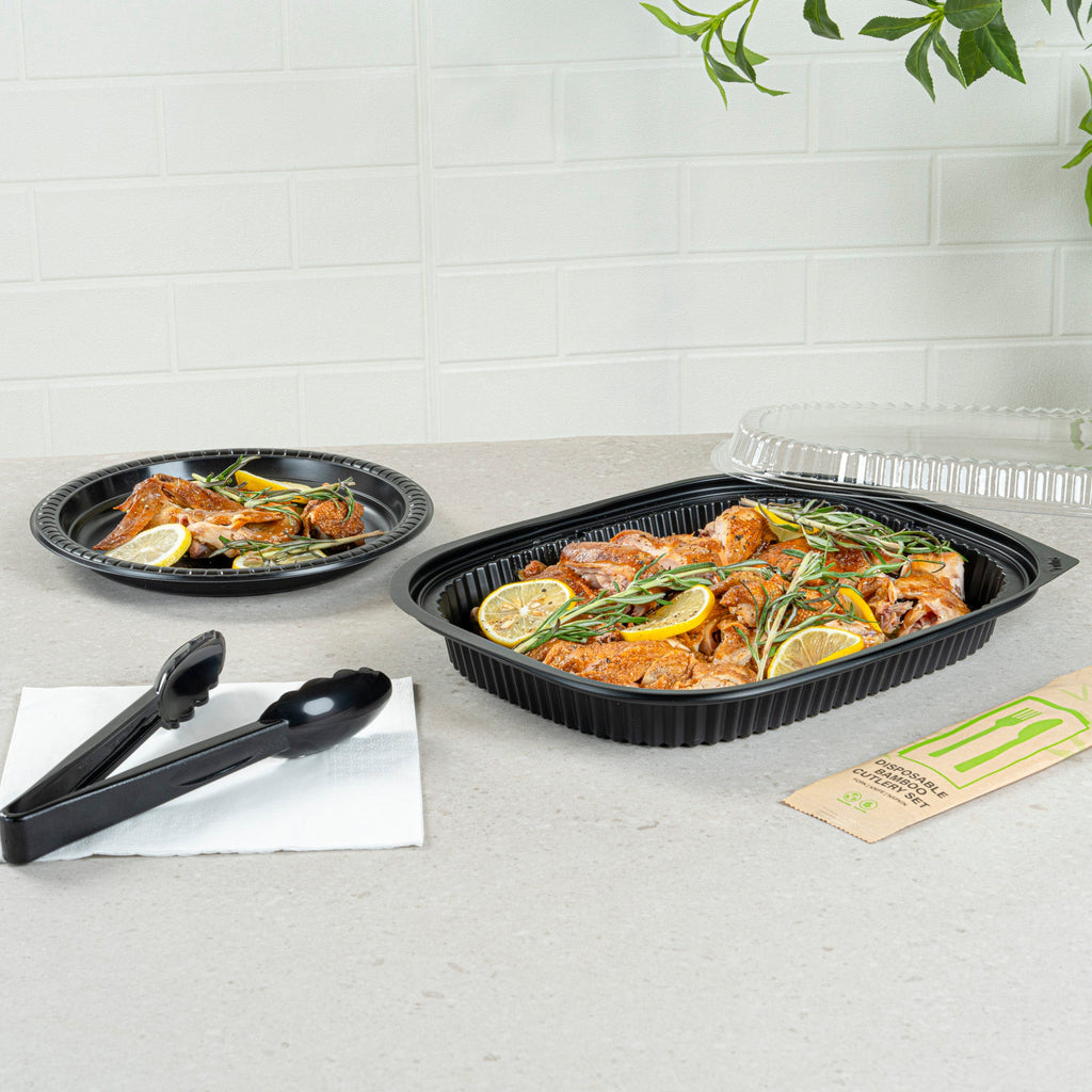 Chef 101 59 oz Rectangle Black Plastic Food Container - Microwavable - 13 1/2" x 9 1/2" x 1 1/2" - 20 count box