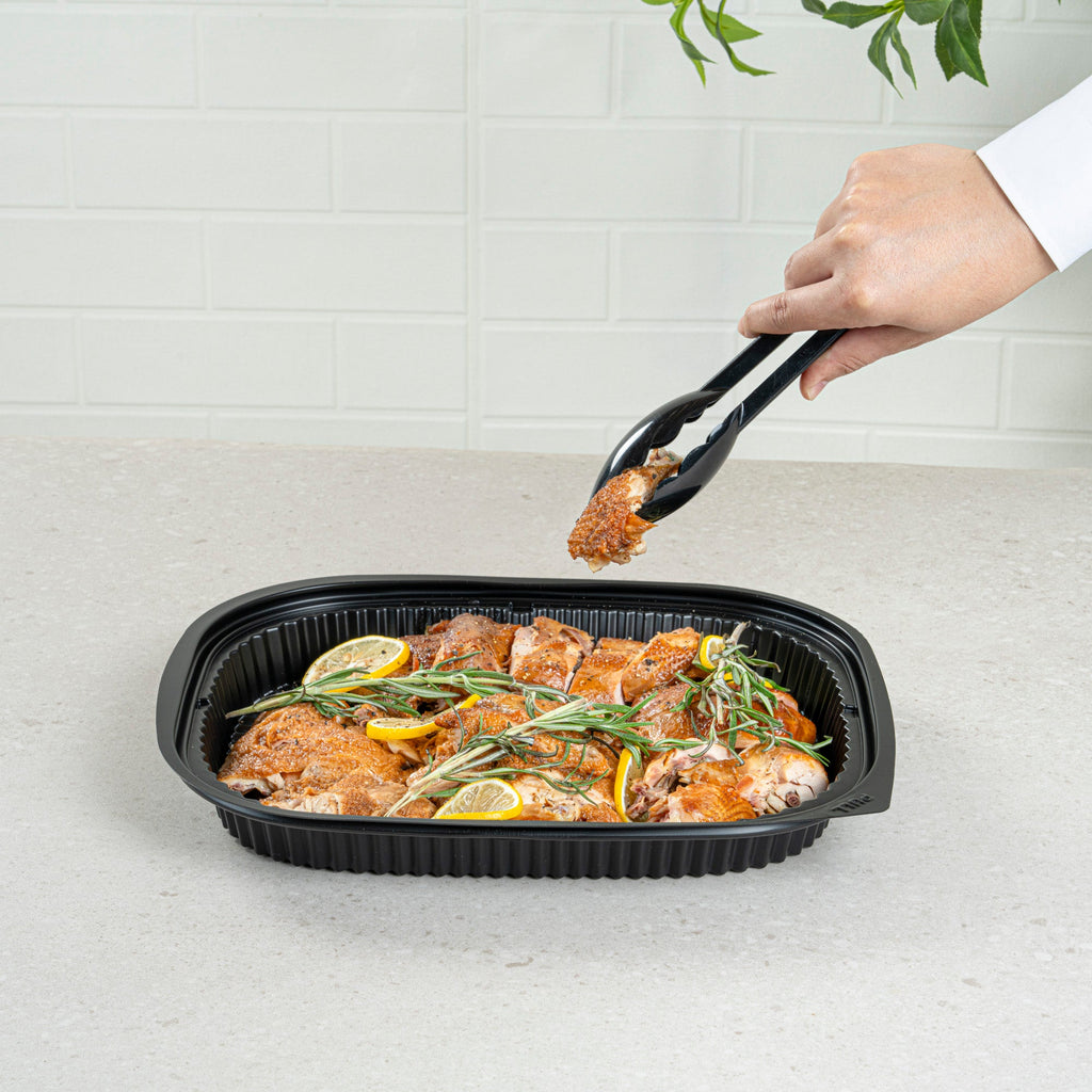 Chef 101 59 oz Rectangle Black Plastic Food Container - Microwavable - 13 1/2" x 9 1/2" x 1 1/2" - 20 count box