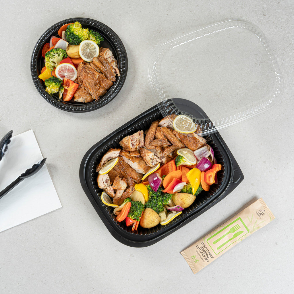 Chef 101 88 oz Rectangle Black Plastic Food Container - Microwavable - 13 1/2" x 9 1/2" x 2 1/4" - 20 count box