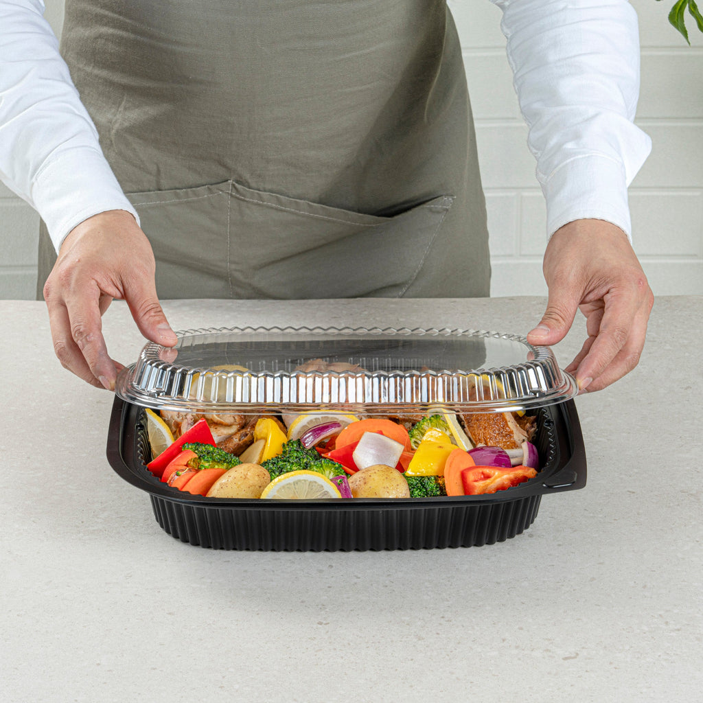 Chef 101 Rectangle Clear Plastic Lid - Microwavable, Fits 59 oz & 88 oz Food Containers - 13 1/2" x 9 1/2" x 1" - 20 count box