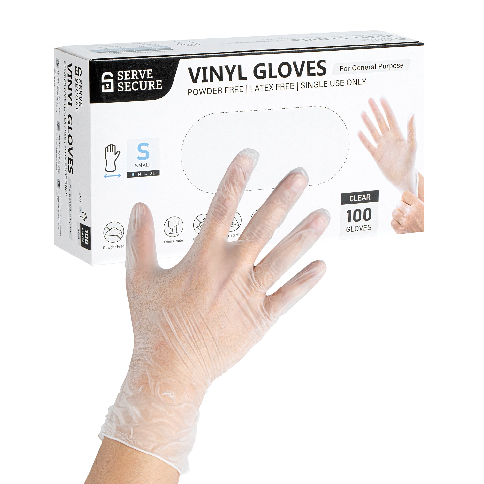 Serve Secure Clear Small Vinyl Gloves - Powder-Free, Latex-Free - 9" x 3 1/4" - 100 count box