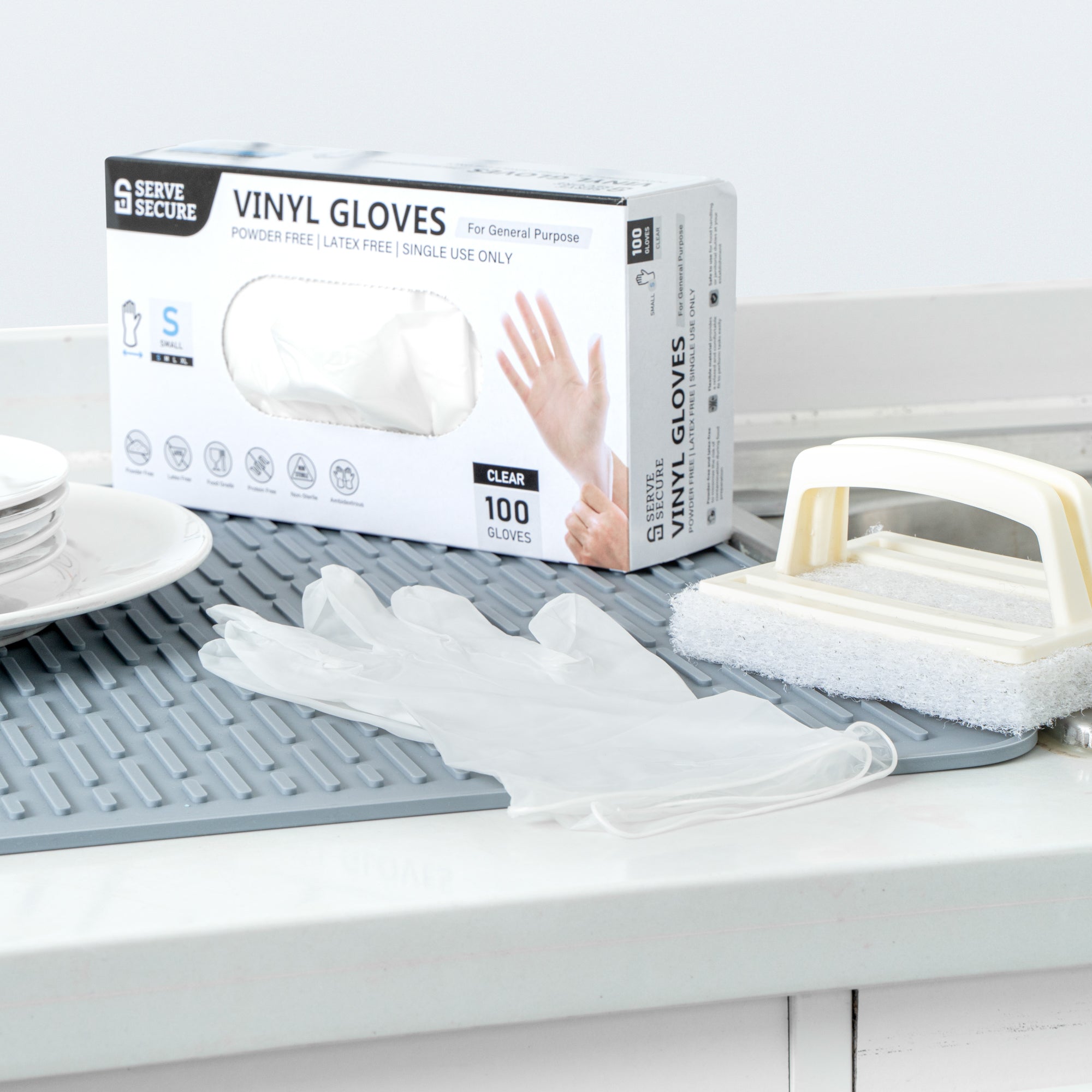 Serve Secure Clear Small Vinyl Gloves - Powder-Free, Latex-Free - 9" x 3 1/4" - 100 count box