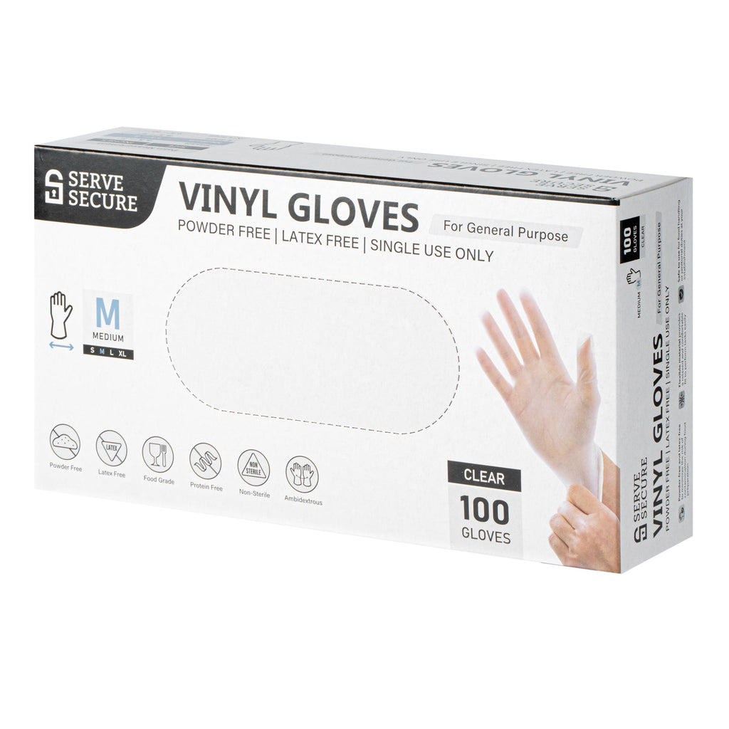 Serve Secure Clear Medium Vinyl Gloves - Powder-Free, Latex-Free - 9" x 3 3/4" - 100 count box