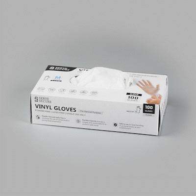 Serve Secure Clear Medium Vinyl Gloves - Powder-Free, Latex-Free - 9" x 3 3/4" - 100 count box