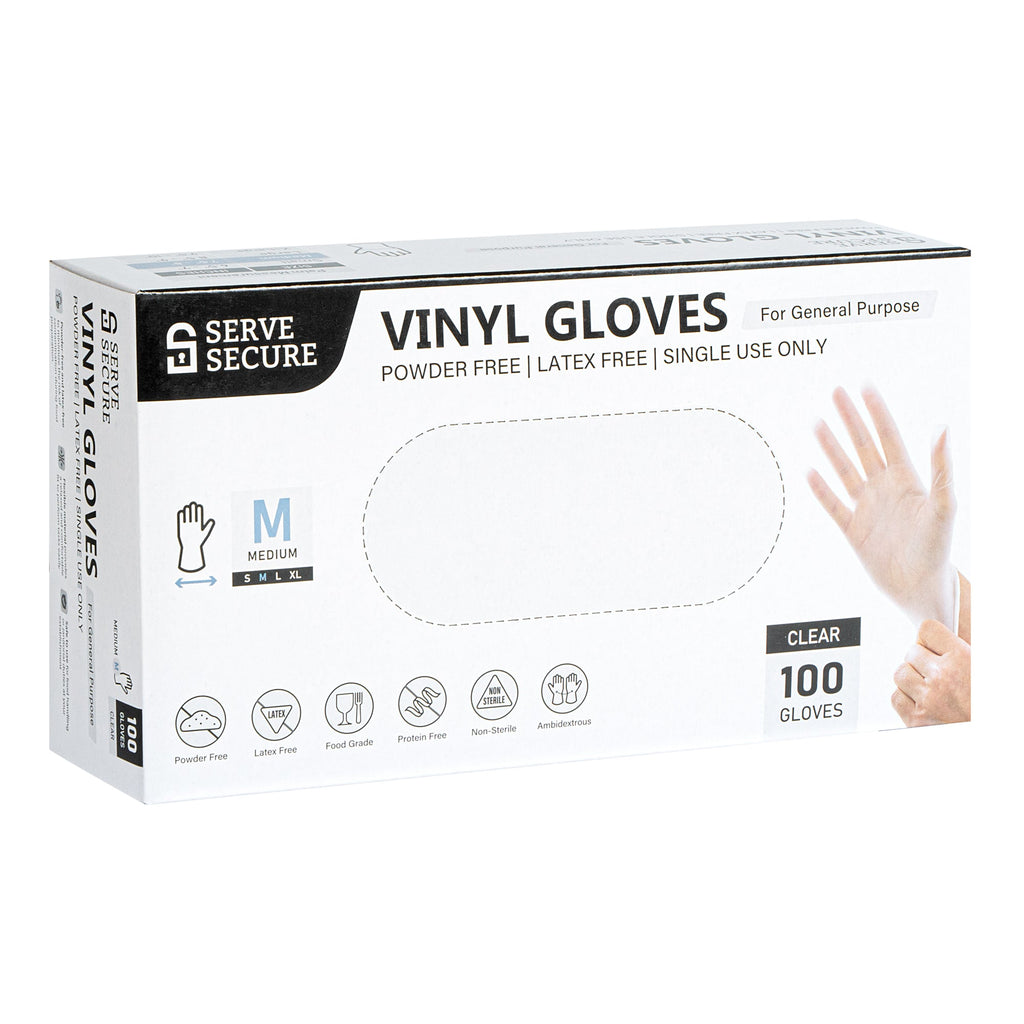 Serve Secure Clear Medium Vinyl Gloves - Powder-Free, Latex-Free - 9" x 3 3/4" - 100 count box
