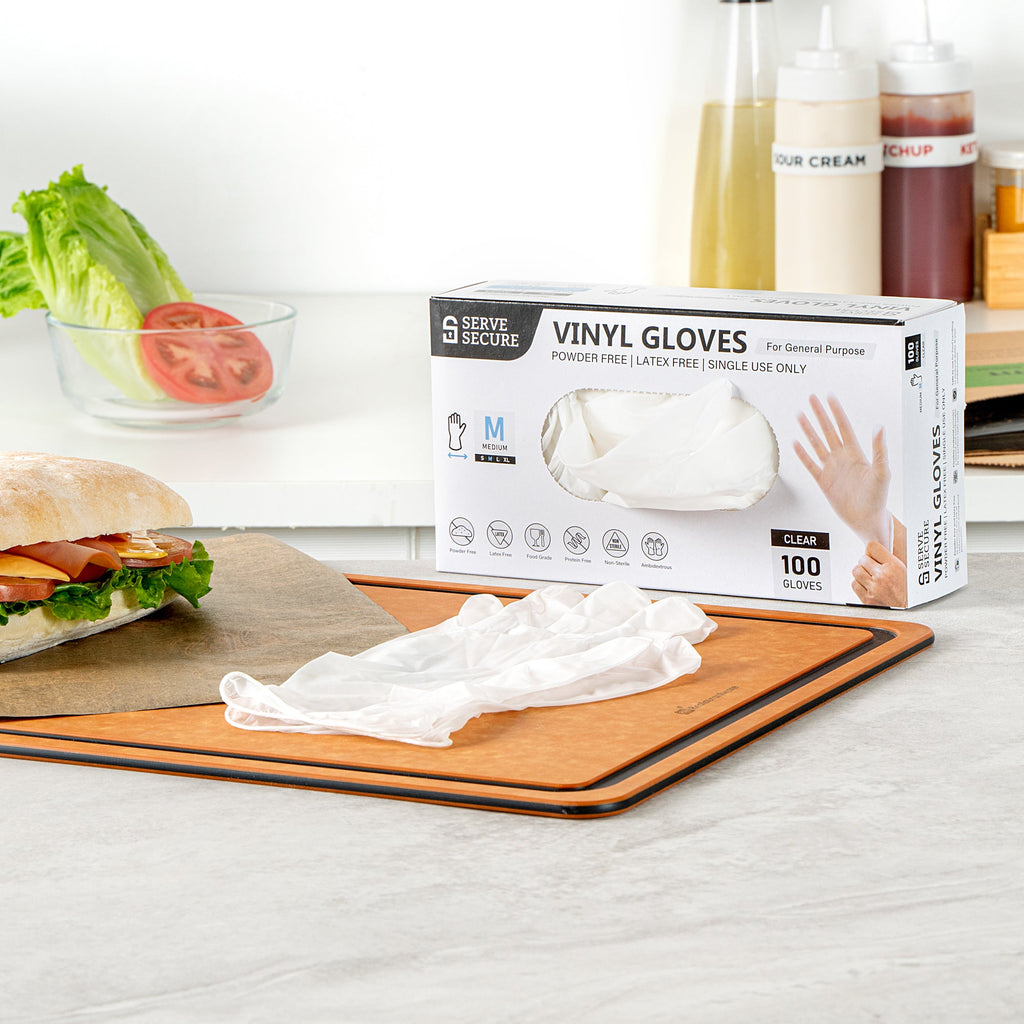 Serve Secure Clear Medium Vinyl Gloves - Powder-Free, Latex-Free - 9" x 3 3/4" - 100 count box