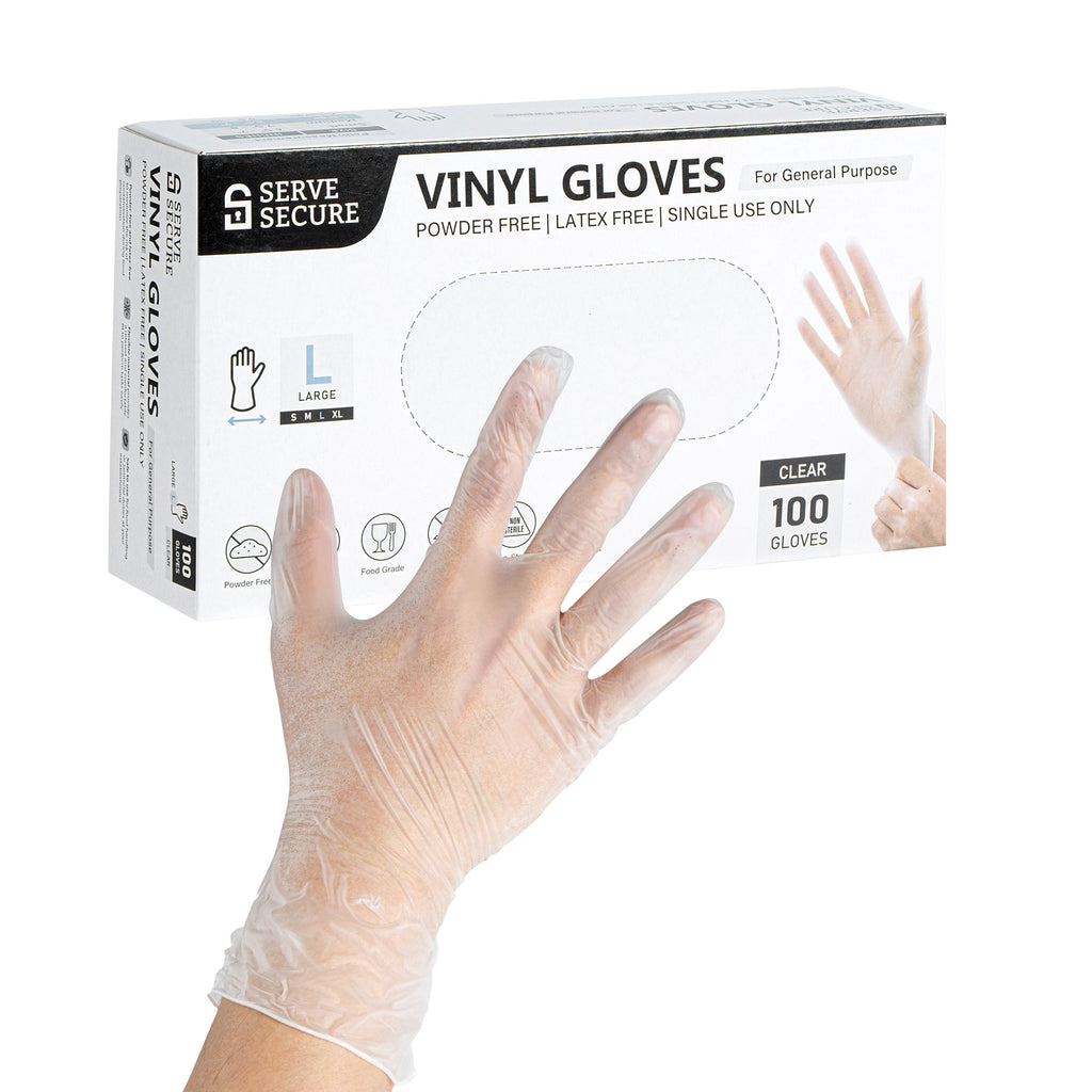 Serve Secure Clear Large Vinyl Gloves - Powder-Free, Latex-Free - 9" x 4 1/4" - 100 count box