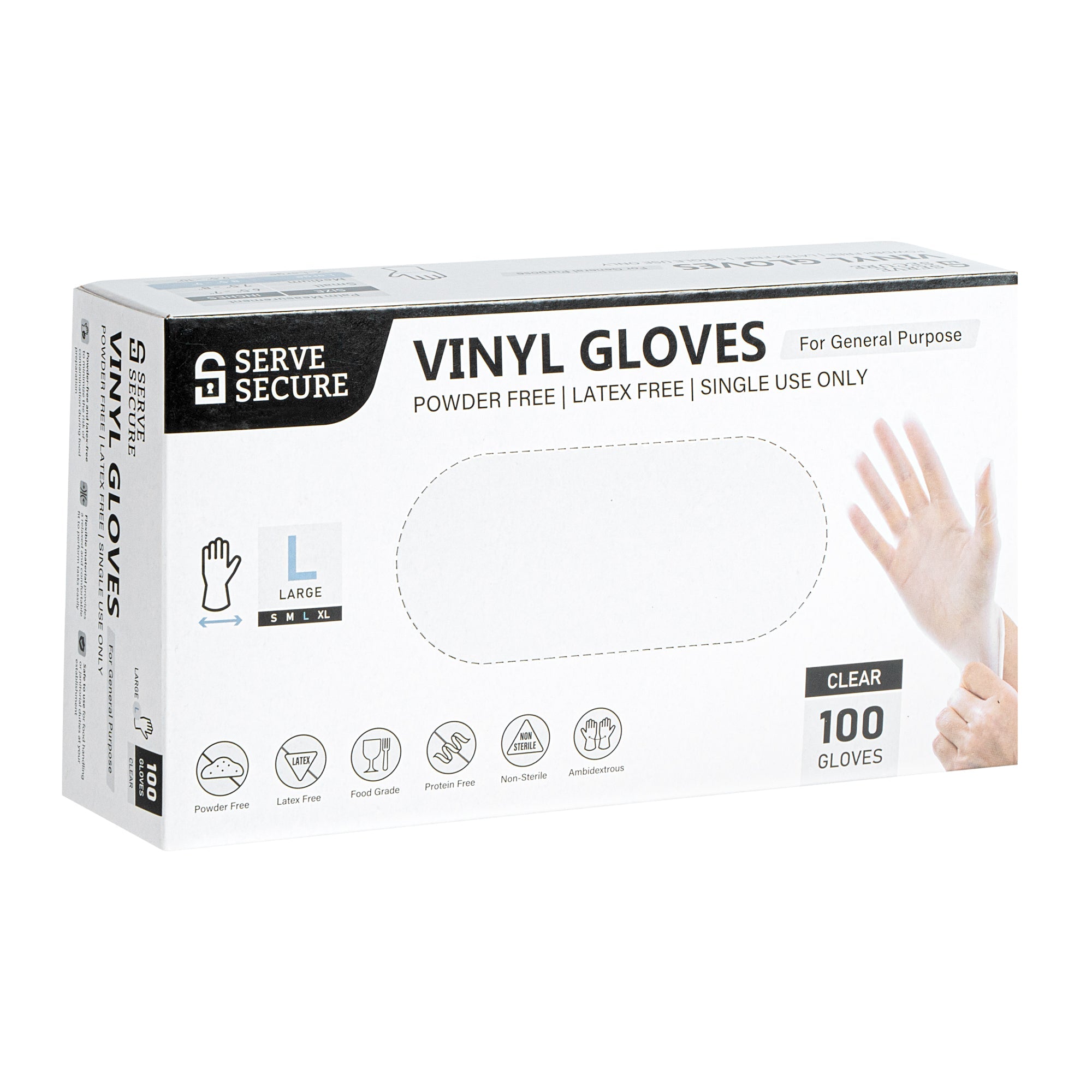 Serve Secure Clear Large Vinyl Gloves - Powder-Free, Latex-Free - 9" x 4 1/4" - 100 count box