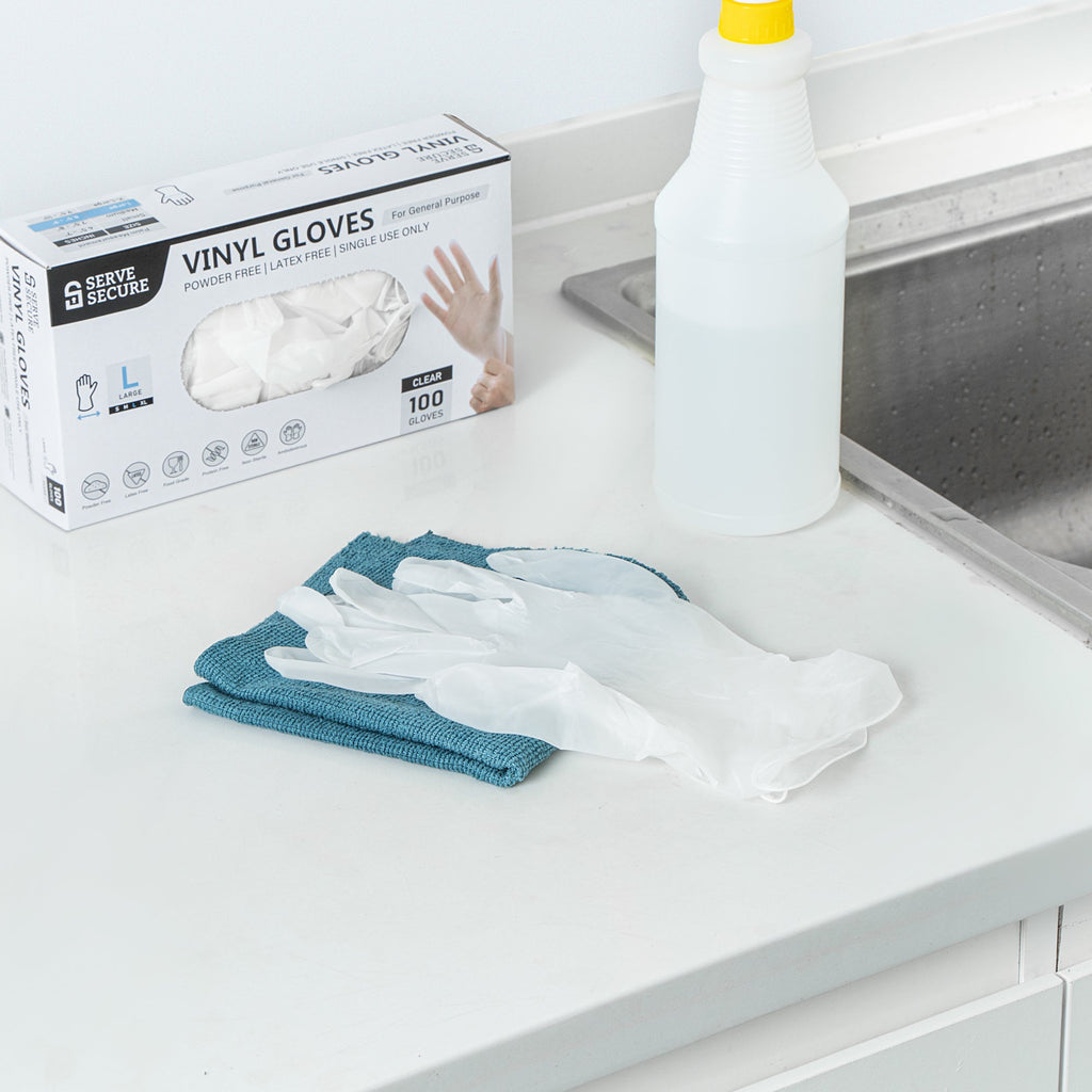 Serve Secure Clear Large Vinyl Gloves - Powder-Free, Latex-Free - 9" x 4 1/4" - 100 count box