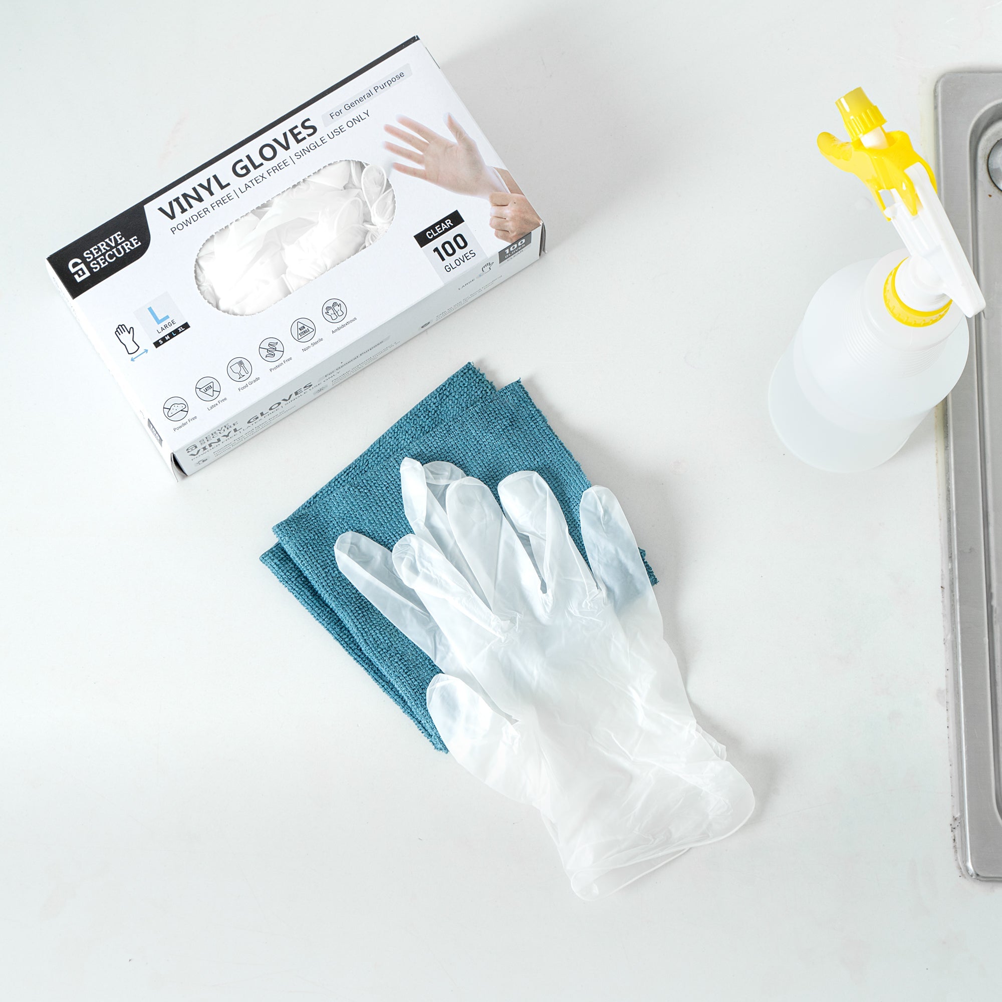 Serve Secure Clear Large Vinyl Gloves - Powder-Free, Latex-Free - 9" x 4 1/4" - 1000 count box