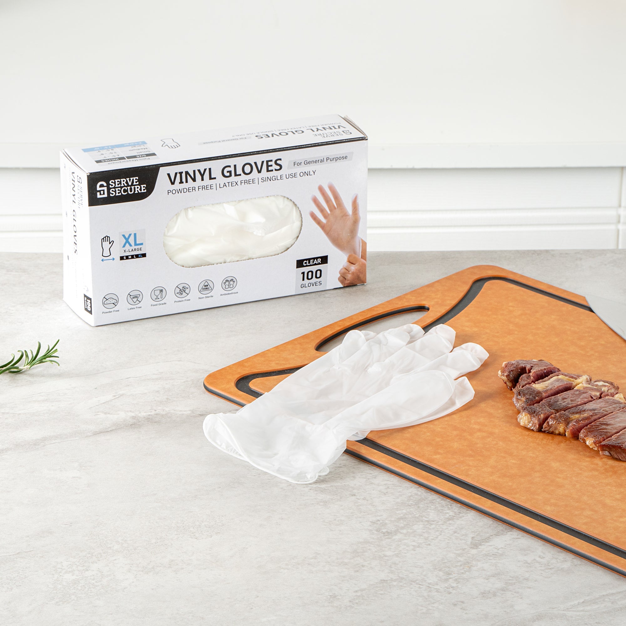 Serve Secure Clear Extra Large Vinyl Gloves - Powder-Free, Latex-Free - 9" x 4 1/2" - 100 count box