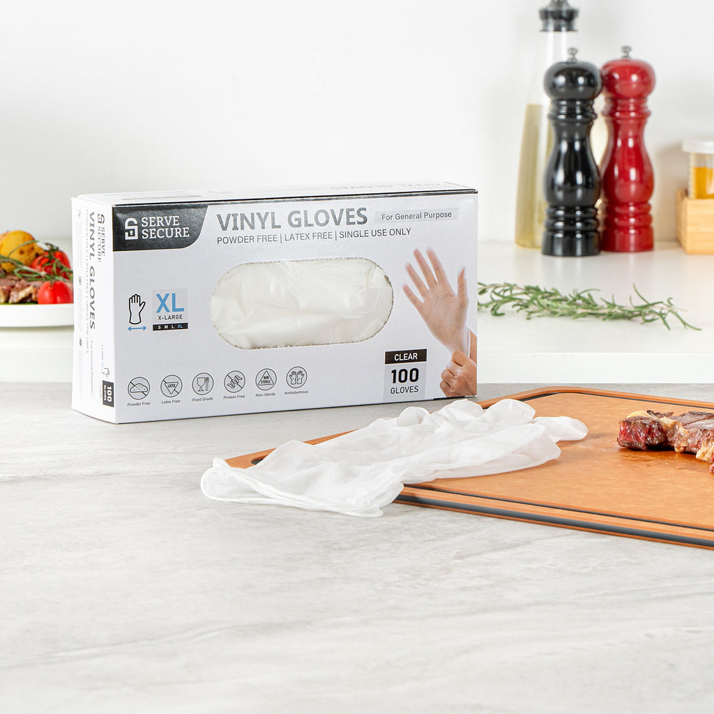 Serve Secure Clear Extra Large Vinyl Gloves - Powder-Free, Latex-Free - 9" x 4 1/2" - 100 count box
