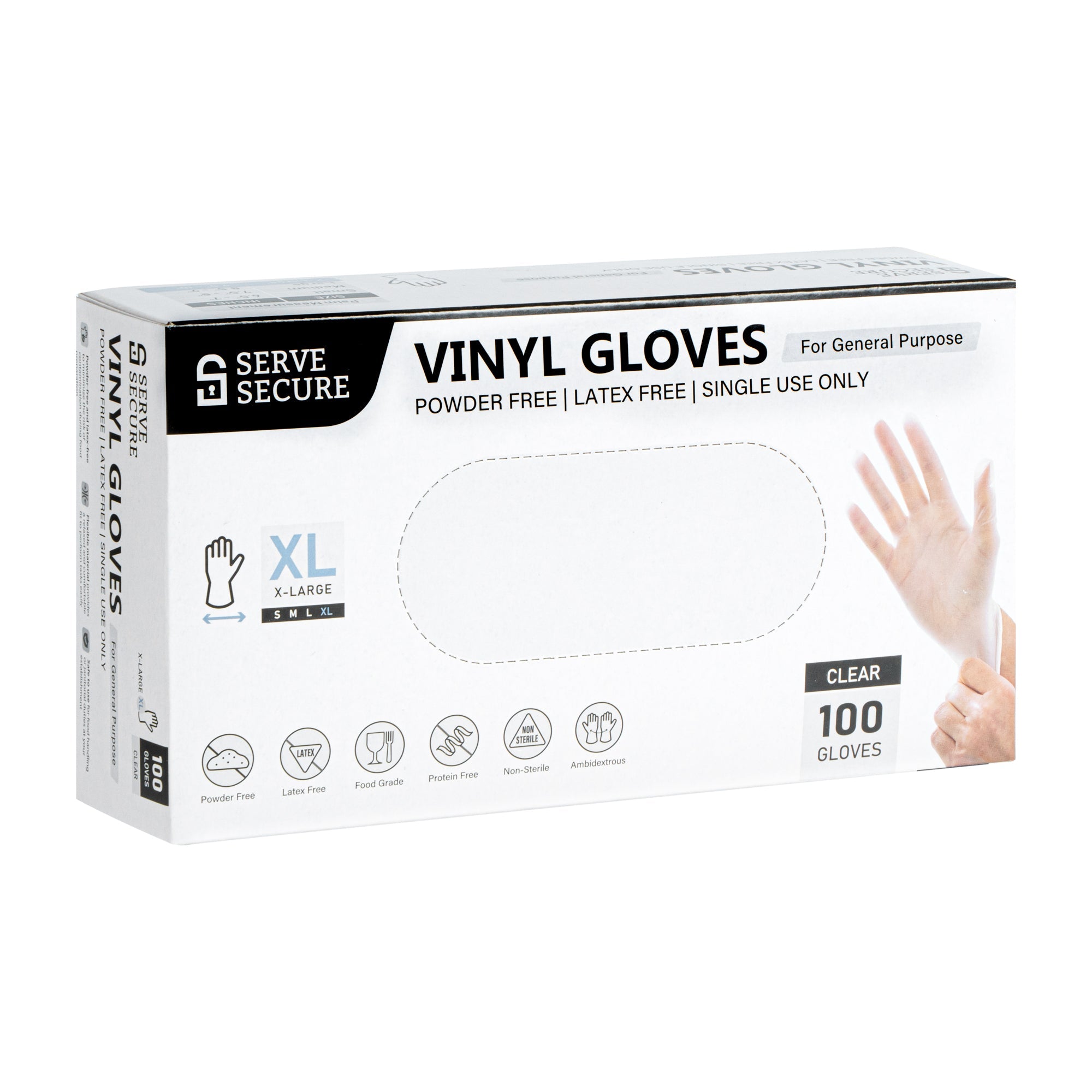 Serve Secure Clear Extra Large Vinyl Gloves - Powder-Free, Latex-Free - 9" x 4 1/2" - 1000 count box