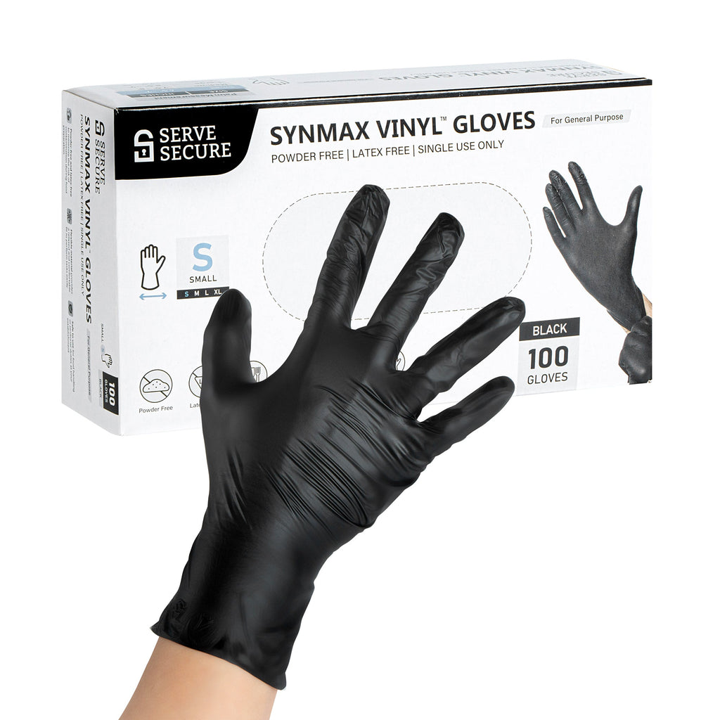 Serve Secure Black Small Synmax Vinyl Gloves - Powder-Free, Latex-Free - 9" x 3 1/4" - 100 count box