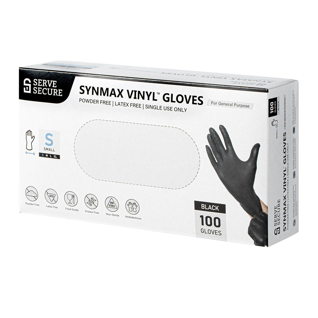 Serve Secure Black Small Synmax Vinyl Gloves - Powder-Free, Latex-Free - 9" x 3 1/4" - 100 count box