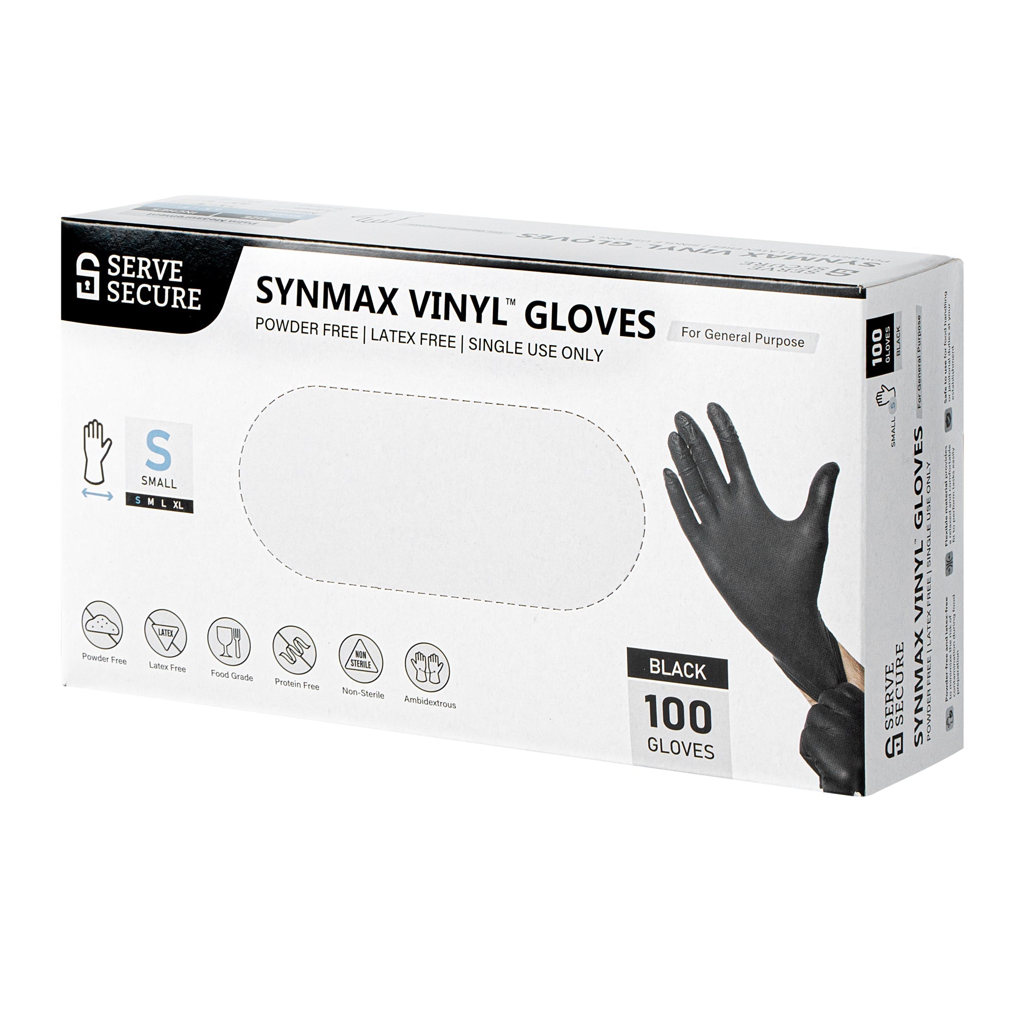 Serve Secure Black Small Synmax Vinyl Gloves - Powder-Free, Latex-Free - 9" x 3 1/4" - 100 count box