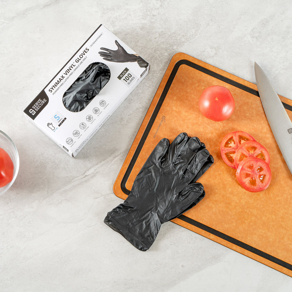 Serve Secure Black Small Synmax Vinyl Gloves - Powder-Free, Latex-Free - 9" x 3 1/4" - 100 count box