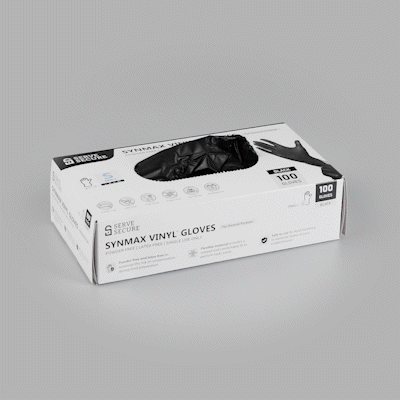 Serve Secure Black Small Synmax Vinyl Gloves - Powder-Free, Latex-Free - 9" x 3 1/4" - 100 count box