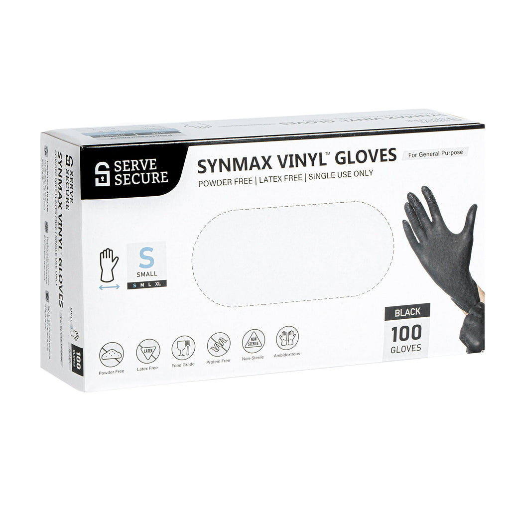 Serve Secure Black Small Synmax Vinyl Gloves - Powder-Free, Latex-Free - 9" x 3 1/4" - 100 count box