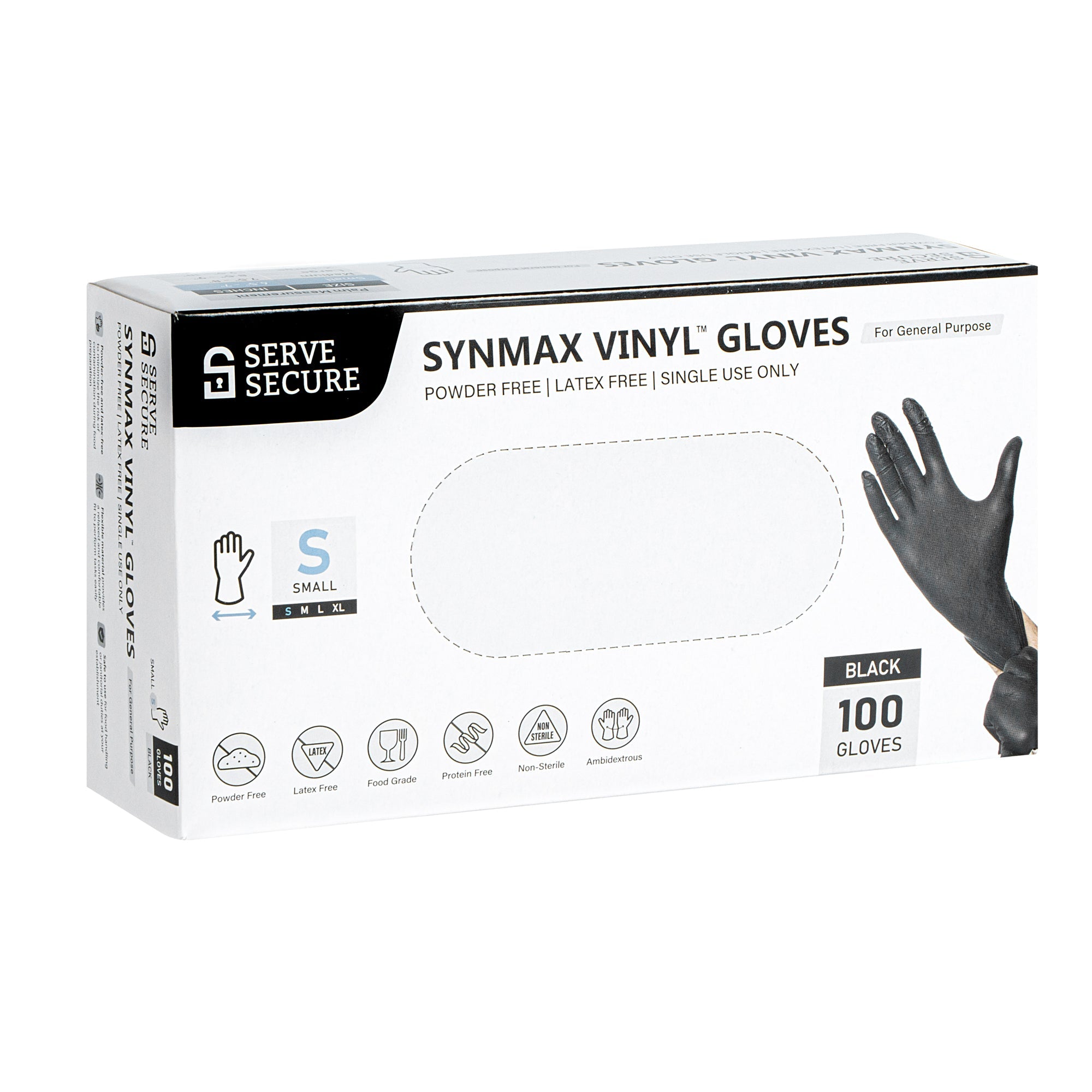 Serve Secure Black Small Synmax Vinyl Gloves - Powder-Free, Latex-Free - 9" x 3 1/4" - 100 count box
