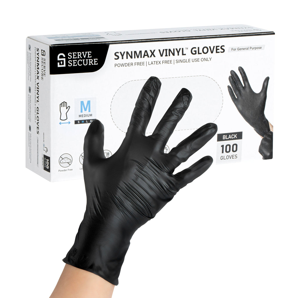 Serve Secure Black Medium Synmax Vinyl Gloves - Powder-Free, Latex-Free - 9" x 3 3/4" - 1000 count box