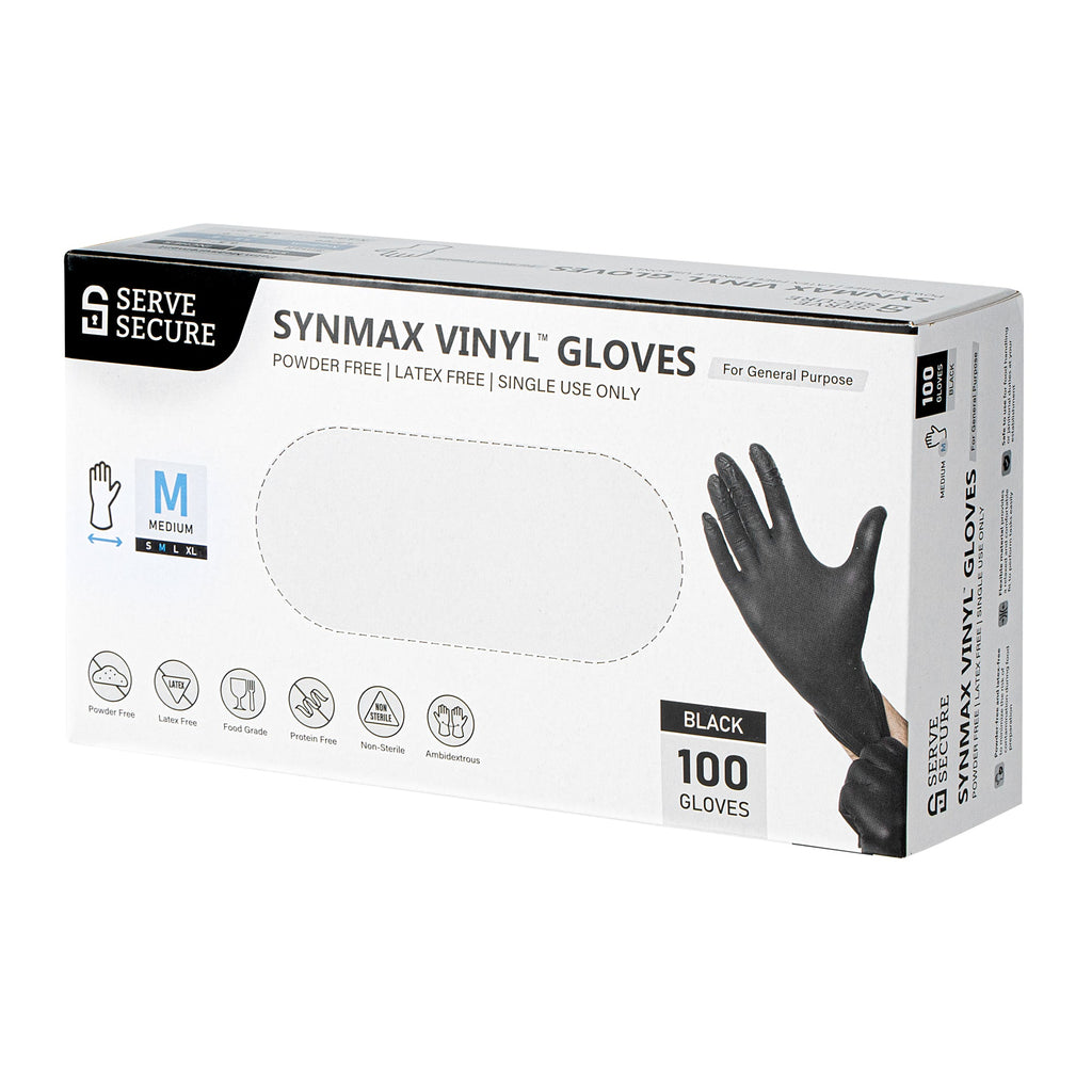 Serve Secure Black Medium Synmax Vinyl Gloves - Powder-Free, Latex-Free - 9" x 3 3/4" - 100 count box