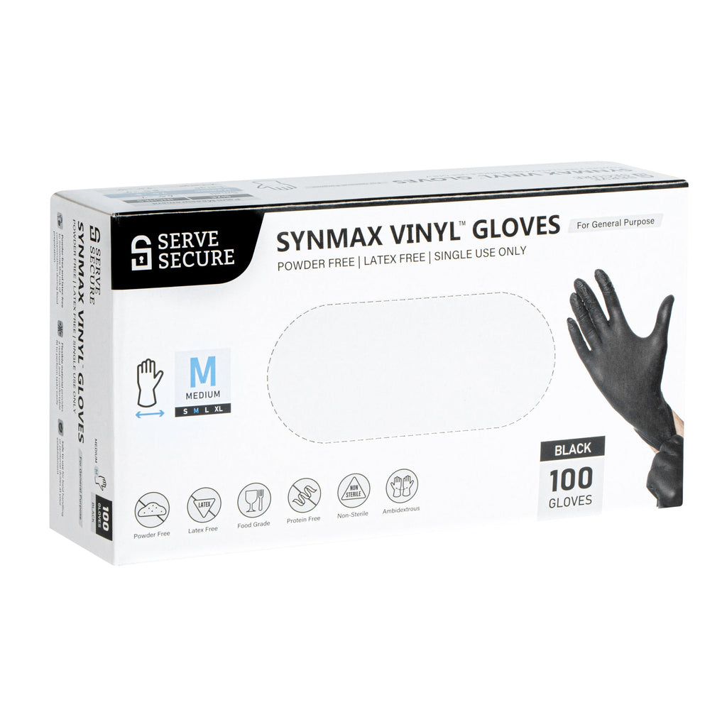 Serve Secure Black Medium Synmax Vinyl Gloves - Powder-Free, Latex-Free - 9" x 3 3/4" - 100 count box
