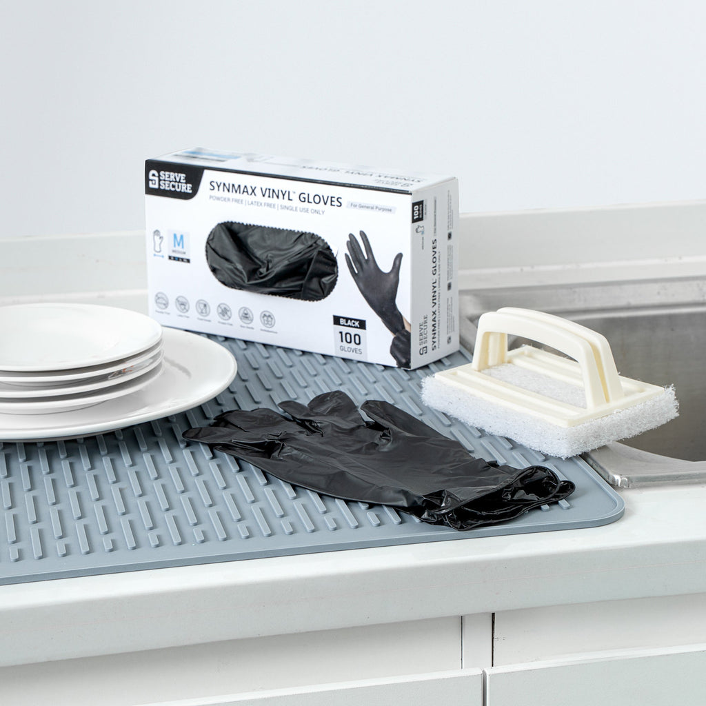 Serve Secure Black Medium Synmax Vinyl Gloves - Powder-Free, Latex-Free - 9" x 3 3/4" - 100 count box
