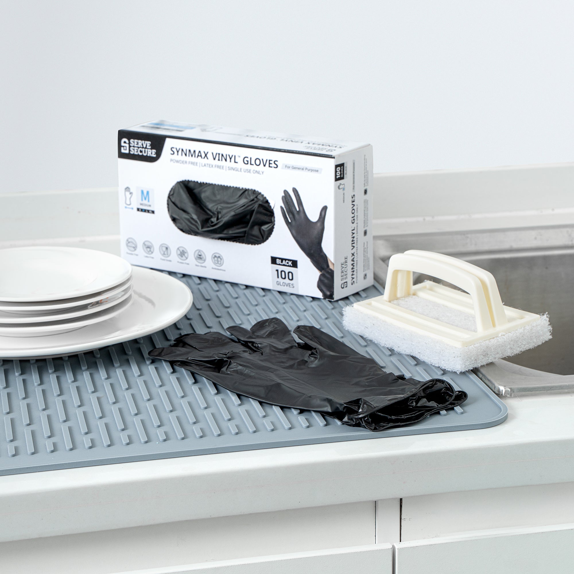 Serve Secure Black Medium Synmax Vinyl Gloves - Powder-Free, Latex-Free - 9" x 3 3/4" - 100 count box