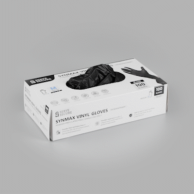 Serve Secure Black Medium Synmax Vinyl Gloves - Powder-Free, Latex-Free - 9" x 3 3/4" - 1000 count box
