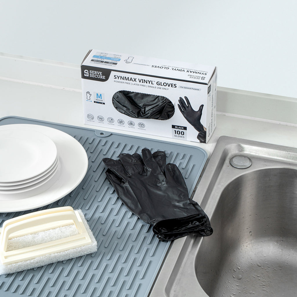 Serve Secure Black Medium Synmax Vinyl Gloves - Powder-Free, Latex-Free - 9" x 3 3/4" - 1000 count box
