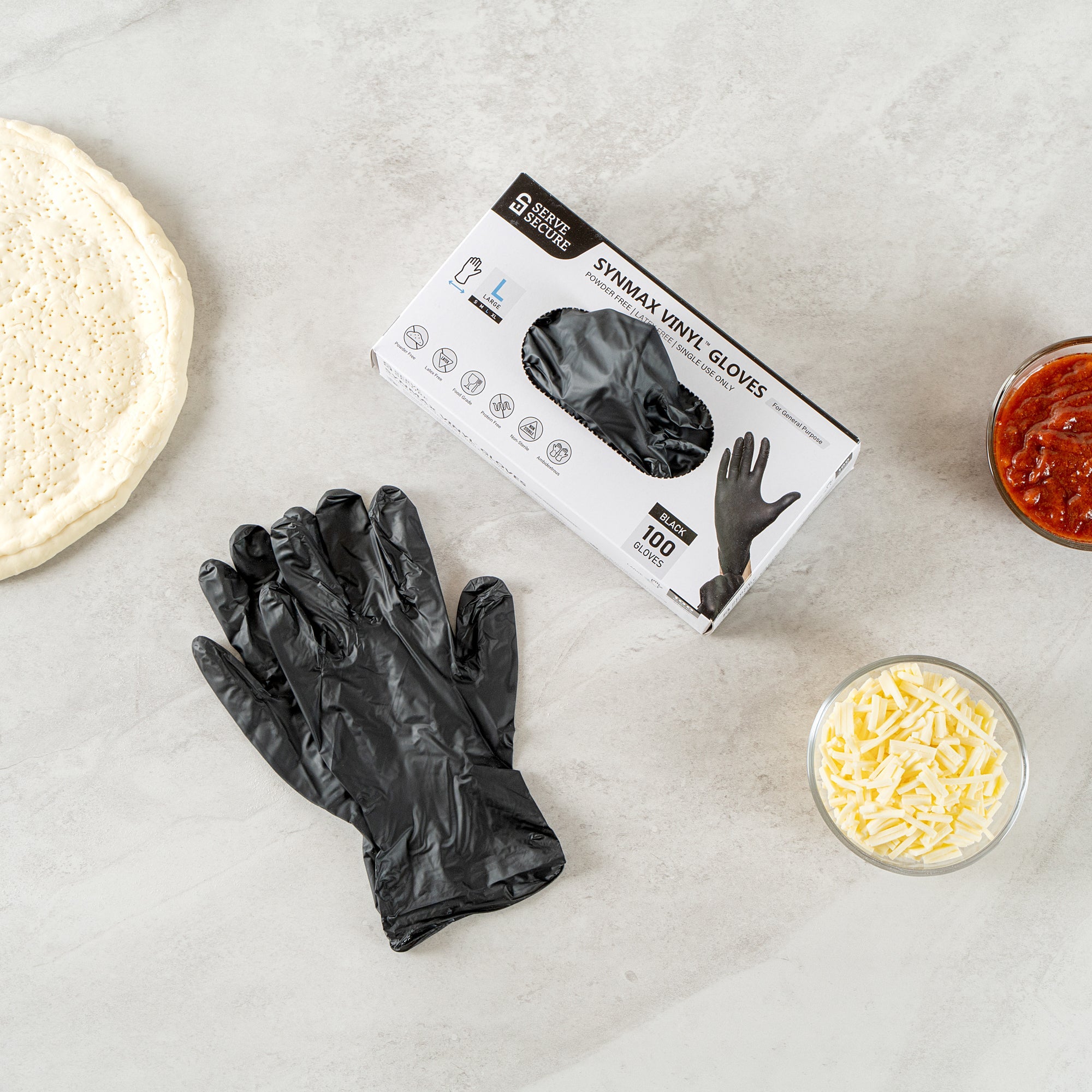 Serve Secure Black Large Synmax Vinyl Gloves - Powder-Free, Latex-Free - 9" x 4 1/4" - 100 count box
