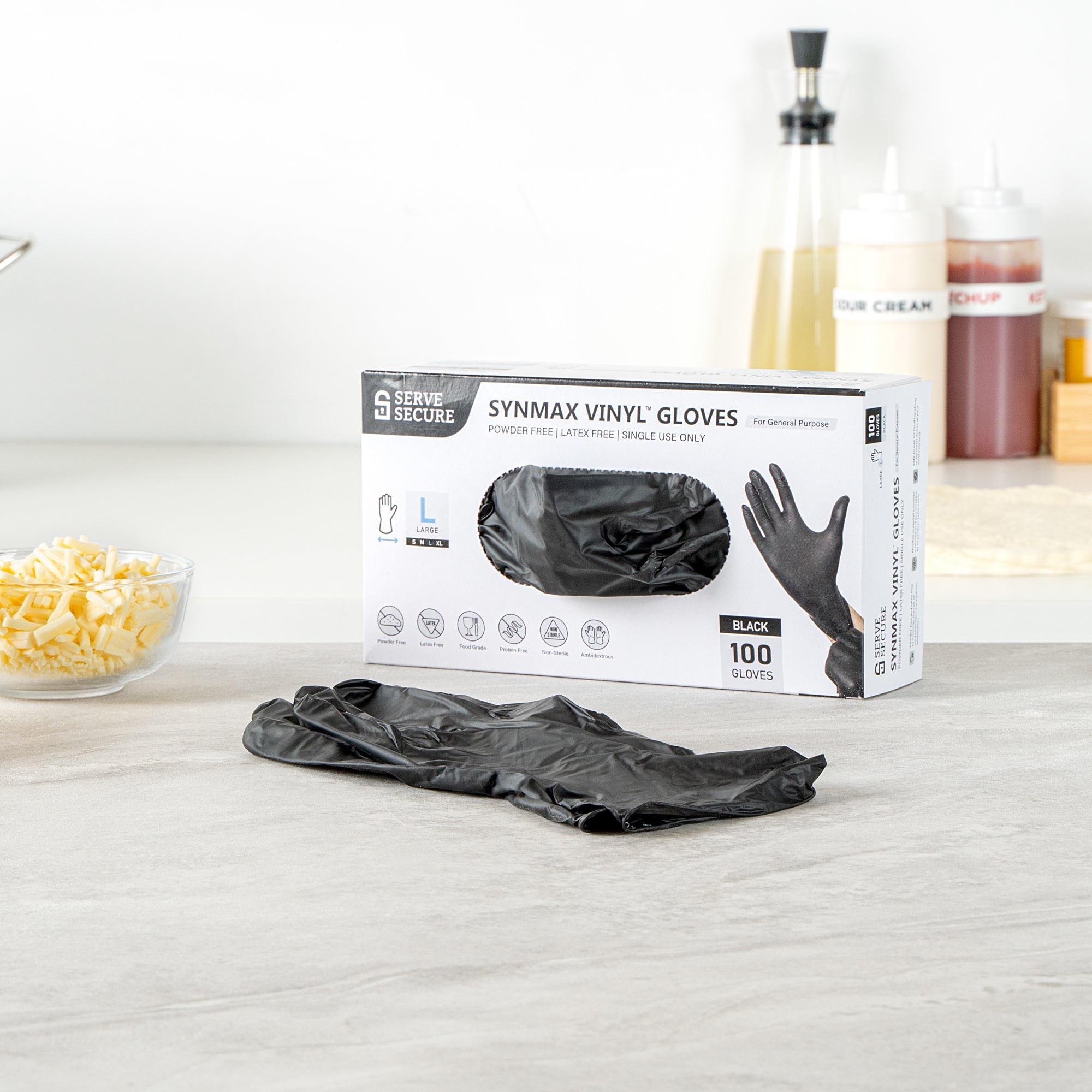 Serve Secure Black Large Synmax Vinyl Gloves - Powder-Free, Latex-Free - 9" x 4 1/4" - 100 count box