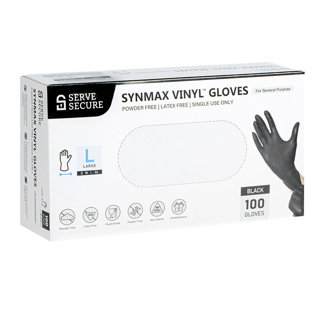 Serve Secure Black Large Synmax Vinyl Gloves - Powder-Free, Latex-Free - 9" x 4 1/4" - 1000 count box