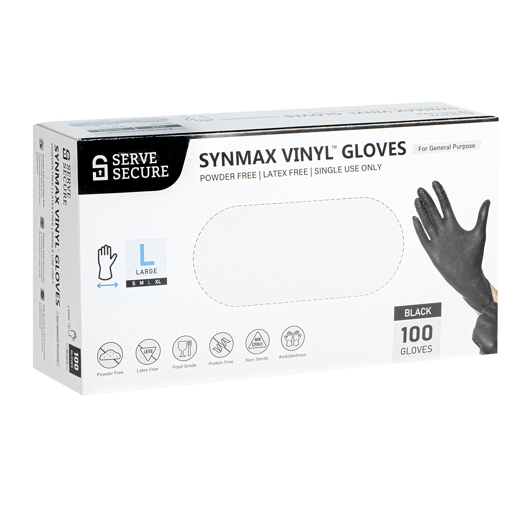 Serve Secure Black Large Synmax Vinyl Gloves - Powder-Free, Latex-Free - 9" x 4 1/4" - 1000 count box