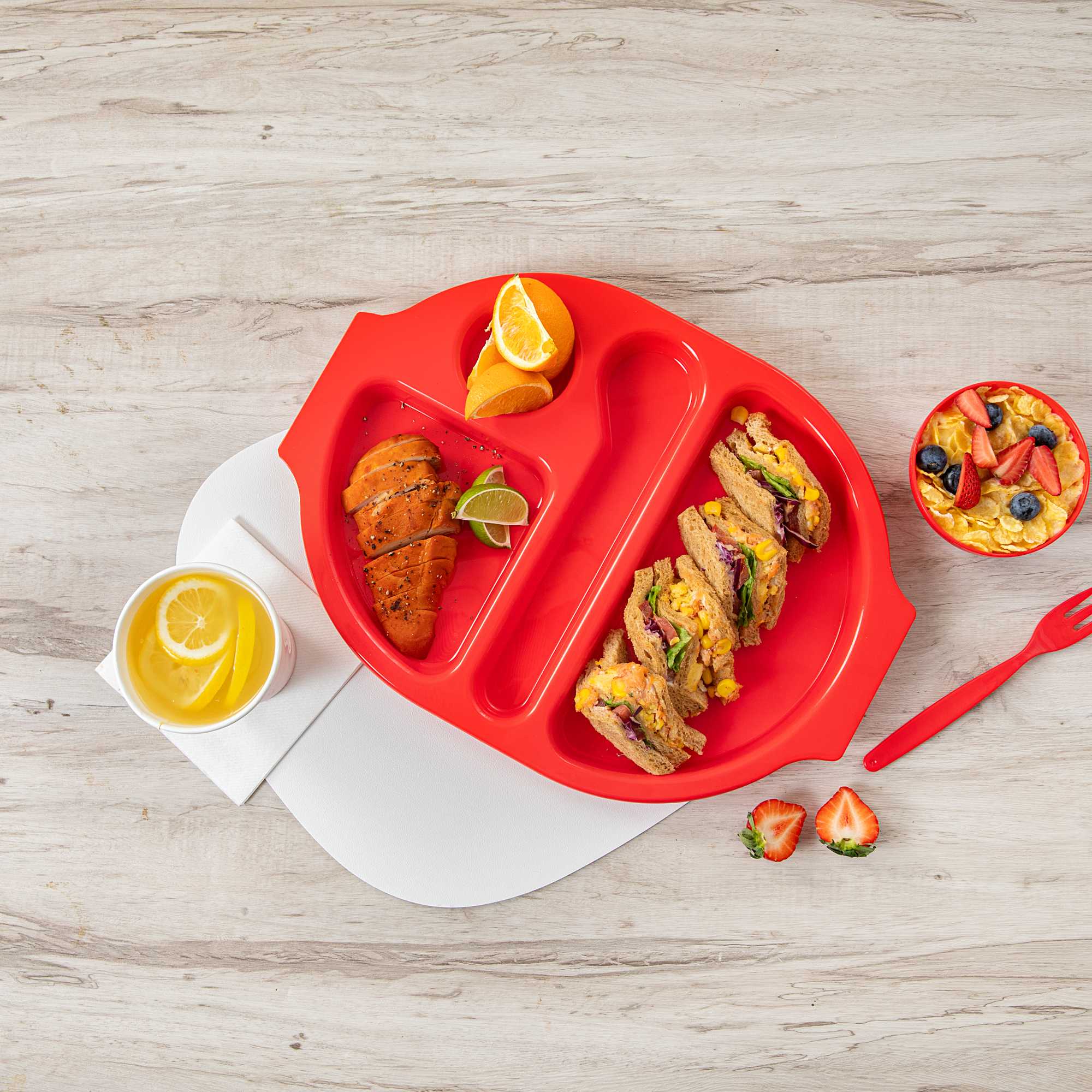 RW Kids Red Plastic Lunch Tray - 4 Compartments - 14 3/4" x 11" x 1" - 10 count box