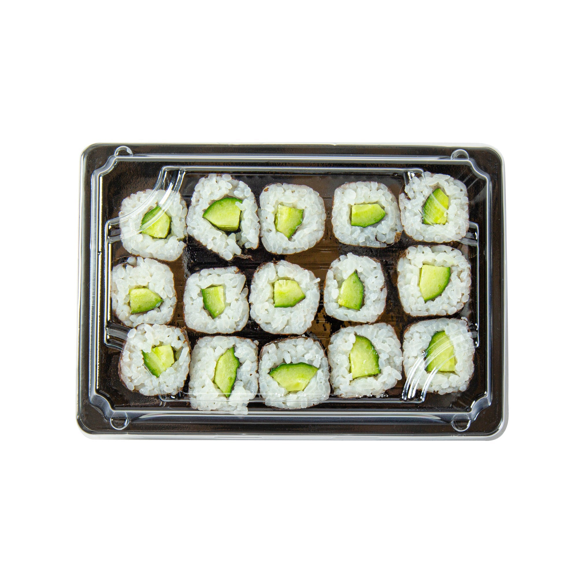 Roku Rectangle Black Plastic Take Out Sushi Tray - with Clear Lid - 6 1/2" x 4 1/4" x 1 1/2" - 100 count box
