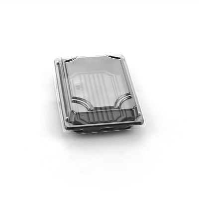 Roku Rectangle Black Plastic Take Out Sushi Tray - with Clear Lid - 6 1/2" x 4 1/4" x 1 1/2" - 100 count box