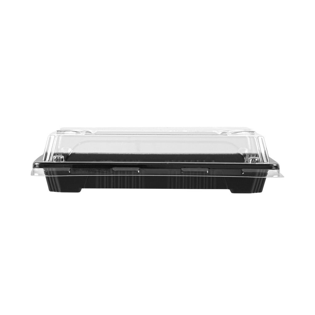Roku Rectangle Black Plastic Take Out Sushi Tray - with Clear Lid - 6 1/2" x 4 1/4" x 1 1/2" - 100 count box