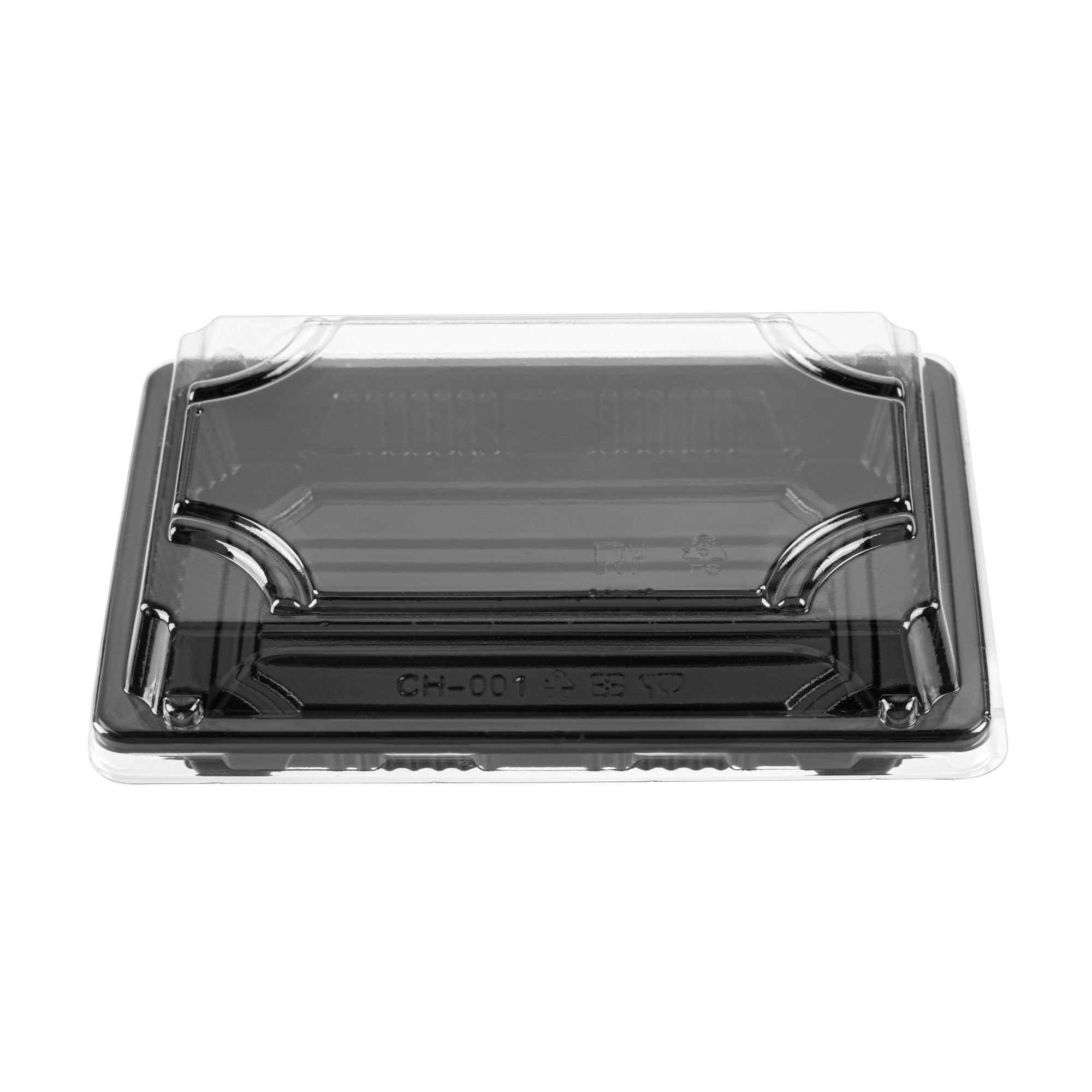 Roku Rectangle Black Plastic Take Out Sushi Tray - with Clear Lid - 6 1/2" x 4 1/4" x 1 1/2" - 100 count box