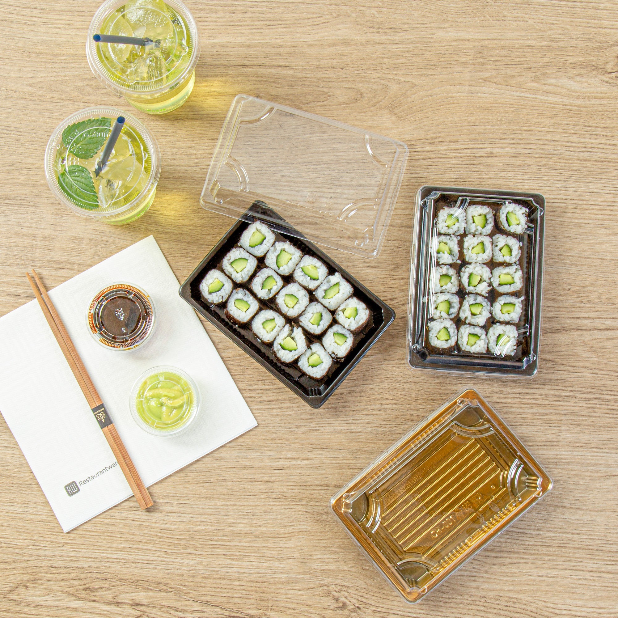 Roku Rectangle Black Plastic Take Out Sushi Tray - with Clear Lid - 6 1/2" x 4 1/4" x 1 1/2" - 100 count box
