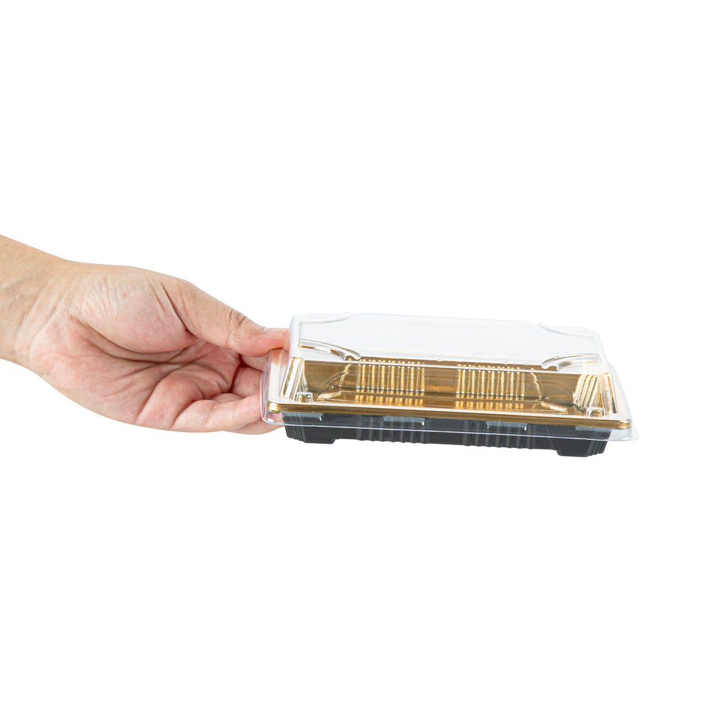 Roku Rectangle Gold Plastic Take Out Sushi Tray - with Clear Lid - 6 1/2" x 4 1/4" x 1 1/2" - 100 count box