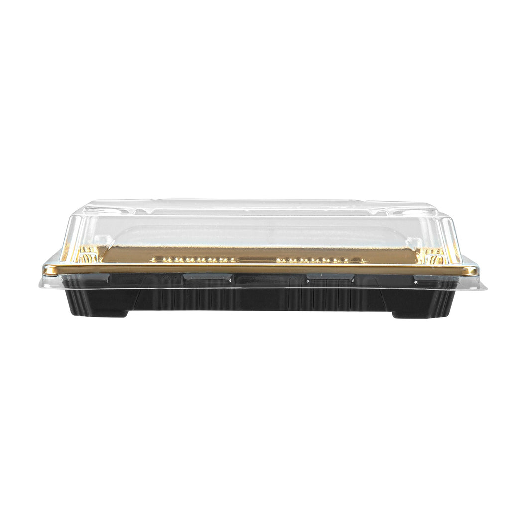 Roku Rectangle Gold Plastic Take Out Sushi Tray - with Clear Lid - 6 1/2" x 4 1/4" x 1 1/2" - 100 count box