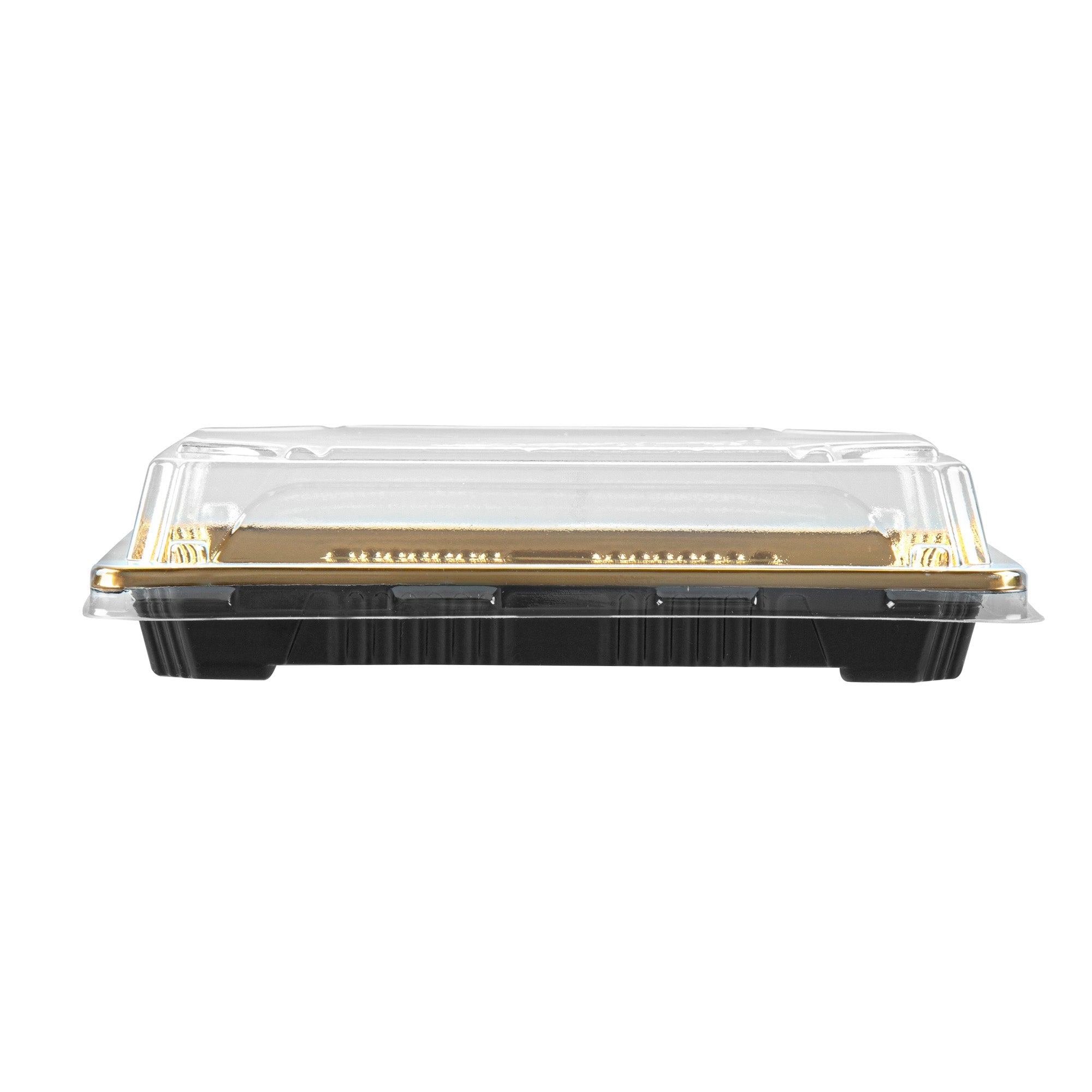 Roku Rectangle Gold Plastic Take Out Sushi Tray - with Clear Lid - 6 1/2" x 4 1/4" x 1 1/2" - 100 count box