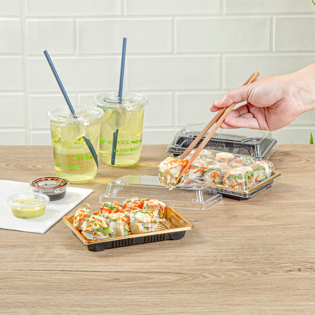 Roku Rectangle Gold Plastic Take Out Sushi Tray - with Clear Lid - 6 1/2" x 4 1/4" x 1 1/2" - 100 count box
