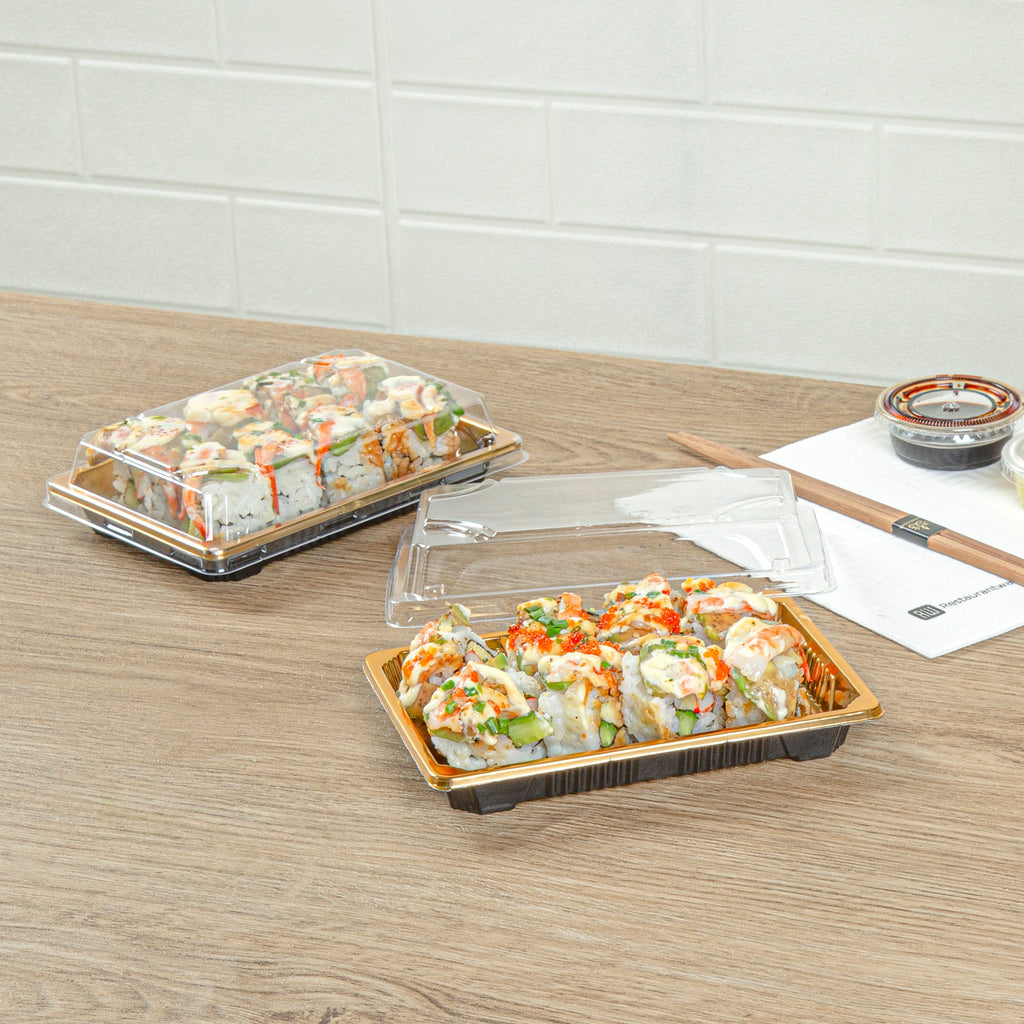 Roku Rectangle Gold Plastic Take Out Sushi Tray - with Clear Lid - 6 1/2" x 4 1/4" x 1 1/2" - 100 count box