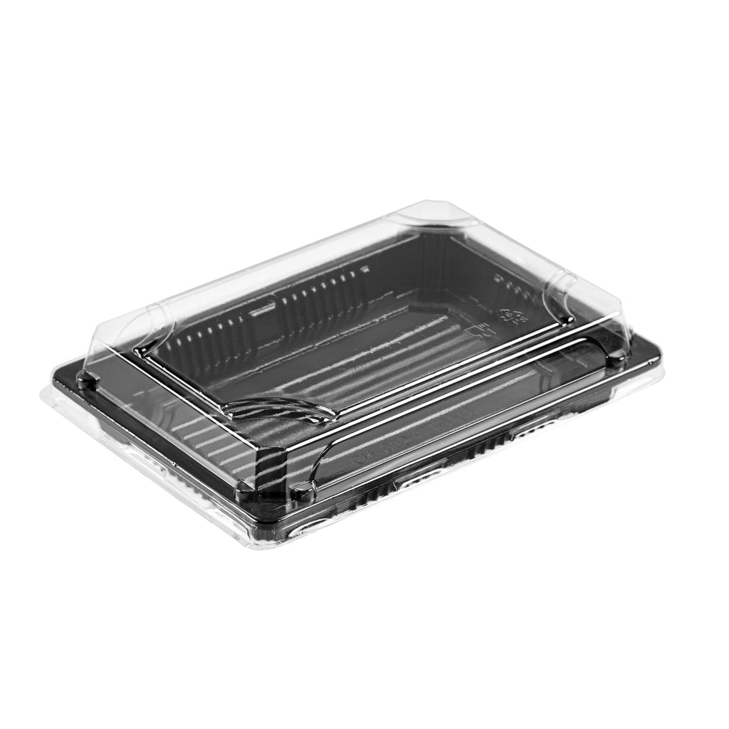 Roku Rectangle Black Plastic Take Out Sushi Tray - with Clear Lid - 7" x 5" x 1 1/2" - 100 count box