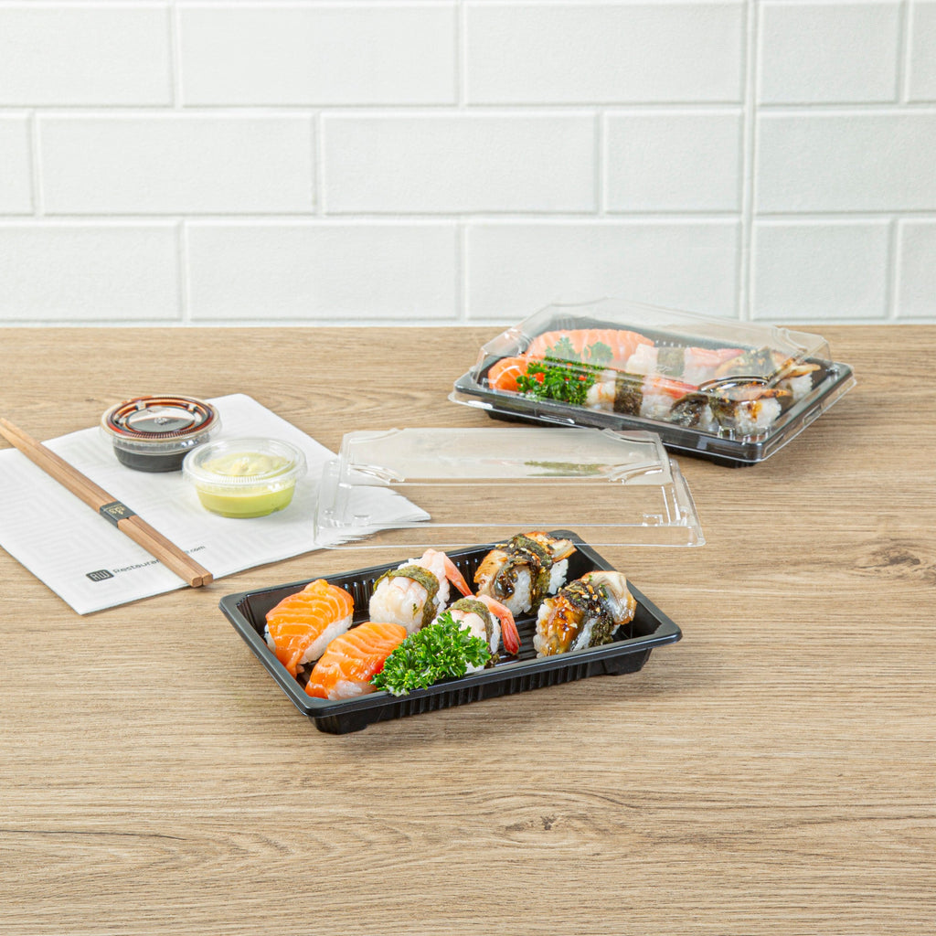 Roku Rectangle Black Plastic Take Out Sushi Tray - with Clear Lid - 7" x 5" x 1 1/2" - 100 count box