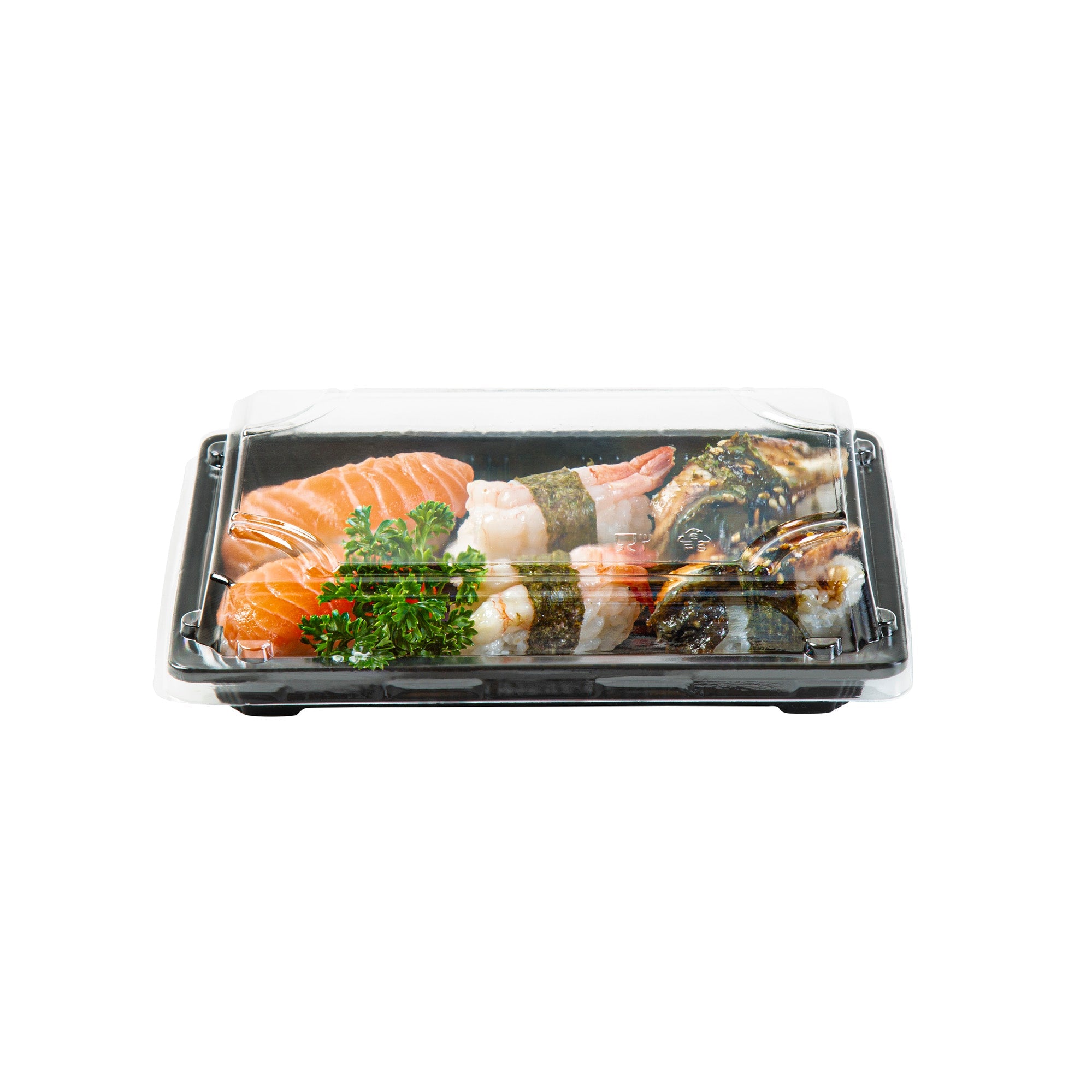 Roku Rectangle Black Plastic Take Out Sushi Tray - with Clear Lid - 7" x 5" x 1 1/2" - 100 count box