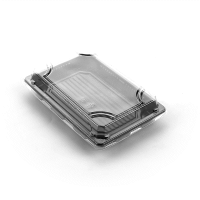 Roku Rectangle Black Plastic Take Out Sushi Tray - with Clear Lid - 7" x 5" x 1 1/2" - 100 count box